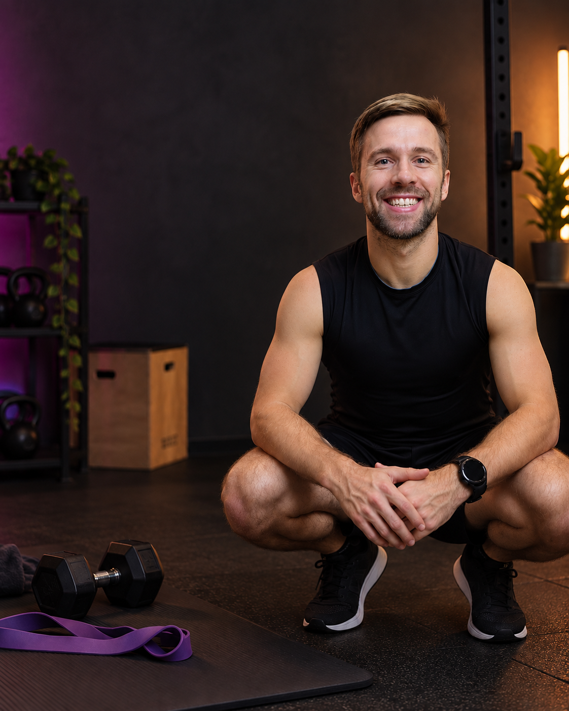 Christopher Heschl in Trainingskleidung in einem Fitness-Studio, lächelnd und zugewandt
